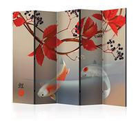 murando - Paravent intérieur à Deux côtés 225x172 cm - Séparateur de pièce en Bois Naturel avec Toile imprimée, Portable et Pliable - Beige Rouge Ethnique Fleurs orienter Poisson Zen p-C-0004-z-c