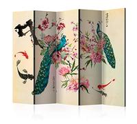 murando - Paravent intérieur à Deux côtés 225x172 cm - Séparateur de pièce en Bois Naturel avec Toile imprimée, Portable et Pliable - Beige Ethnique orienter Paon des Oiseaux Zen p-C-0002-z-c