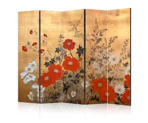murando - Paravent intérieur Acoustique 225x172 cm - Séparateur de pièce avec Isolation phonique, Panneau insonorisant pour Bureau -Fleurs dorées Art Japonais b-H-10005-z-b