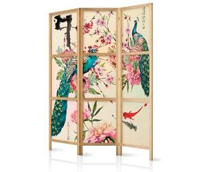 murando - Paravent Intérieur Japonais 135x172 cm - Séparateur de Pièce en Bois Naturel et Toile Imprimée - Cloison de Séparation pour Chambre à Coucher - Composition Nature Et Oiseaux p-C-0002-bh-d