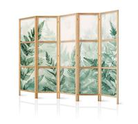 murando - Paravent Intérieur Japonais 225x171 cm - Séparateur de Pièce en Bois Naturel et Toile Imprimée - Paravent Oriental Portable et Pliable - Feuillage Vert sur Fond Dégradé b-H-10113-bh-b