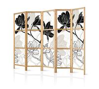 murando - Paravent Intérieur Japonais 225x172 cm - Séparateur de Pièce en Bois Naturel et Toile Imprimée - Paravent Oriental Portable et Pliable - Magnolias en Noir Et Blanc p-B-0011-z-c