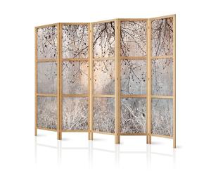 murando - Paravent Intérieur Japonais 225x172 cm - Séparateur de Pièce en Bois Naturel et Toile Imprimée - Paravent Oriental Portable et Pliable - Arbres Nus sous Lumière Douce b-C-10084-bh-a