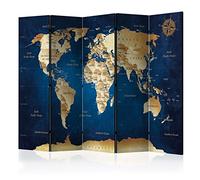 murando - Paravent unilatéral 225x172 cm - Séparateur de pièce en Bois Naturel avec Toile imprimée - Boussole Beige Continents Cartes Inscriptions Bleues dans Le Monde Anglais k-A-0107-z-c