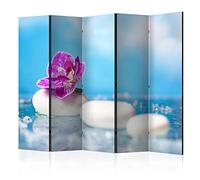 murando - Paravent unilatéral 225x172 cm - Séparateur de pièce en Bois Naturel avec Toile imprimée Chambre à Coucher - Fleurs de Pierre Blanche orchidées Bleues orienter l'eau Zen b-B-0189-z-c