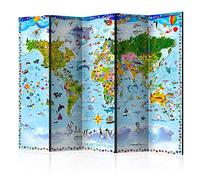 murando - Paravent unilatéral 225x172 cm - Séparateur de pièce en Bois Naturel avec Toile imprimée - Les Enfants Drapeaux colorés Cartes des Continents Plantes Monde Animaux e-A-0102-z-c