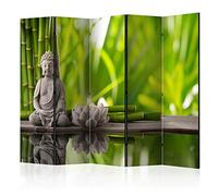 murando - Paravent unilatéral 225x172 cm - Séparateur de pièce en Bois Naturel avec Toile imprimée, pour Chambre à Coucher - Bambous Bouddha Pierre Nature orienter Eau Zen Vert b-B-0187-z-c