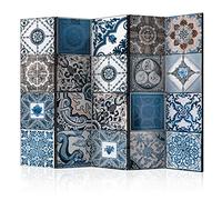 murando - Paravent unilatéral 225x172 cm - Séparateur de pièce en Bois Naturel avec Toile imprimée, pour Chambre à Coucher - Motif Ethnique Fleurs mosaïque Ornements Bleu Fond rétro f-A-0568-z-c