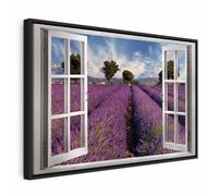 murando - Tableau Cadre Noir Bois Exotique 120x80 cm - Toile Design Intérieur Impression Art Déco - Arbres paysage fleurs prairie lavande nature champs vue depuis la fenêtre c-C-0370-b-a