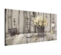 murando - Tableau décoratif 120x60 cm - Impression sur toile colorée - Décoration murale pour salon et chambre - Marron vert blanc - Bouquet bois fleurs vélo cœurs ancien n-C-0291-b-e