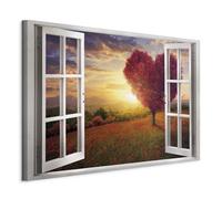 murando - Tableau décoratif paysage 90x60 cm - Impression sur toile colorée - Décoration murale - Arbres paysage coloré coeur vue depuis la fenêtre du coucher du soleil c-C-0394-b-a