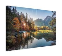 murando - Tableau decoration murale 90x60 cm - Impression sur toile - Art décoratif salon - Reflets d'automne au bord du lac - Automne ensoleillé à travers la forêt et les sommets c-B-10274-b-a