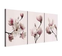 murando - Tableau triptyque mural Ensemble 120x60 cm (3 pièces de 40x60 cm chacune) - Impression sur toile avec cadre pour salon et chambre - Fleurs magnolias nature plantes rose b-C-0354-b-e
