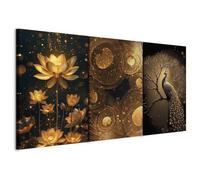 murando - Tableau triptyque mural Ensemble 180x90 cm (3 pièces de 60x90 cm chacune) - Impression sur toile avec cadre pour salon et - Le monde enchanté de l'Orient - Paon et nénuphars b-C-10465-b-a