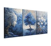 murando - Tableau triptyque mural Ensemble 60x30 cm (3 pièces 20x30 cm chacune) - Impression sur toile avec cadre pour salon et chambre - Nature Bleue - Bouddha, Arbre et Lotus Zen p-H-10013-b-a