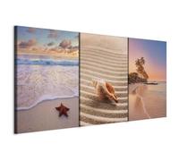 murando - Tableau triptyque mural ensemble de 3 pièces 60x30 cm - Impression sur toile pour salon et chambre - Vues depuis la mer - plages beiges, palmiers et soleil couchant c-B-10263-b-a