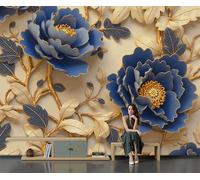 Muraux Tapisserie Style Baroque, 250x175cm Papier Peint Pivoine Rétro À Fleurs De Vigne XXL Poster Tableaux Muraux Tapisserie pour Salon Chambre Salle à Manger Décoration Murale, Marron Et Bleu