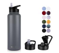 MURBONE Gourde en Acier Inoxydable 1.2L(+2 Bouchons) avec Paille Amovible,Bouteille Isotherme Sans BPA Thermos Double Paroi Sous Vide Étanche,anti-fuite,pour le Sport et Voyage