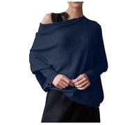 MurciéLago Sweatshirt ample sans épaules pour femme Pull en tricot à manches longues Décontracté Couleur unie Pull en tricot ample et doux pour l'automne, bleu marine, Taille Unique