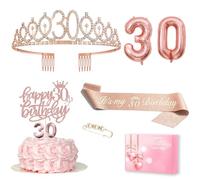 MURISE Décoration pour 30e Anniversaire Femme, Couronne et Écharpe, Décoration de Gâteau, Bougies, Ballon en Aluminium Rose, Cadeau