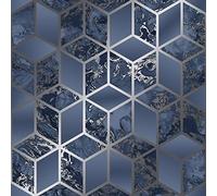 Muriva Elixir 166512 Cube Papier peint Motif marbre géométrique métallique Bleu argenté