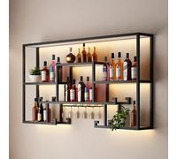 Muroir à vin monté, Support de Verre à vin Mur à vin Moderne Montant avec Un étagère de vin en Fer léger à LED avec Porte-Verre à vin étagères à vin flottantes suspendues en gobelet, Or, Noir