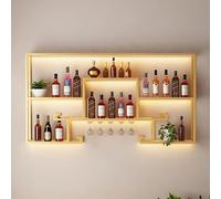 Muroir à vin monté, Support de Verre à vin Mur à vin Moderne Montant avec Un étagère de vin en Fer léger à LED avec Porte-Verre à vin étagères à vin flottantes suspendues en gobelet, Or, Noir