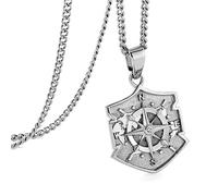 murtoo Argent Bouclier Collier homme avec pendentif boussole, chaîne pièce style monnaie, bijou unisexe argent ou or, idée cadeau pour femme et homme 60cm