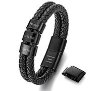 murtoo Bracelet homme personnalisé en cuir noir avec gravure, bracelet gravé avec nom, fermoir magnétique en acier inoxydable, idée cadeau personnalisée pour homme (3 anneaux)