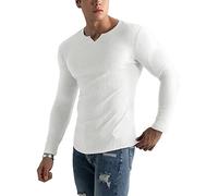 Muscle Cmdr Tee Shirt Manche Longue Homme Coupe ajustée Business Shirt,T-Shirt Côte,Chemise à Col V（Blanc L）