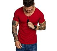 Muscle Shirt Hommes Été Col en V À Manches Courtes Hommes T-Shirt Basique Respirant Slim Fit Hommes Shirt Sport Moderne Sueur Absorber Hommes Shirt Loisirs D-Red L