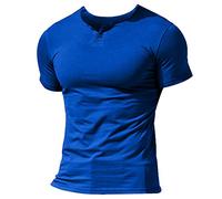 Musclealive Hommes Decontractee Manche Courte Henleys T-Shirt Unique Bouton Patte de Boutonnage Cou uni Chemises en Coton Style A Bleu, L