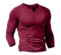 Musclealive Hommes Decontractee Manche Courte Henleys T-Shirt Unique Bouton Patte de Boutonnage Cou uni Chemises en Coton Style B Rouge, XL