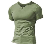 Musclealive Hommes Decontractee Manche Courte Henleys T-Shirt Unique Bouton Patte de Boutonnage Cou uni Chemises en Coton Style A Vert, L