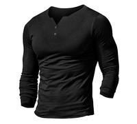 Musclealive Hommes Decontractee Manche Courte Henleys T-Shirt Unique Bouton Patte de Boutonnage Cou uni Chemises en Coton Style B Noir, M