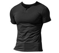 Musclealive Hommes Decontractee Manche Courte Henleys T-Shirt Unique Bouton Patte de Boutonnage Cou uni Chemises en Coton Style A Noir, M