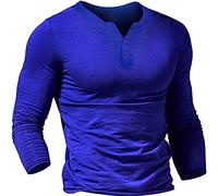 Musclealive Hommes Decontractee Manche Courte Henleys T-Shirt Unique Bouton Patte de Boutonnage Cou uni Chemises en Coton Style B Bleu, M