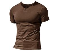 Musclealive Hommes Décontractée Manche Courte Henleys T-Shirt Unique Bouton Patte de Boutonnage Cou uni en Coton - Marron-Taille S(Chest 35.4"-39.4")
