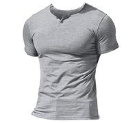 Musclealive Hommes Decontractee Manche Courte Henleys T-Shirt Unique Bouton Patte de Boutonnage Cou uni Chemises en Coton Style A Gris, M