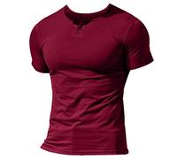 Musclealive Hommes Decontractee Manche Courte Henleys T-Shirt Unique Bouton Patte de Boutonnage Cou uni Chemises en Coton Style A Rouge, S
