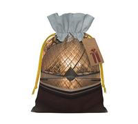 Musée du Louvre à Paris - Sacs de Noël imprimés avec cordon de serrage réutilisables pour emballage de cadeaux de Noël, ruban jaune, taille M