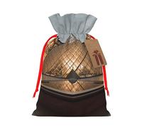 Musée du Louvre à Paris - Sacs de Noël imprimés avec cordon de serrage réutilisables pour fête de Noël, emballage cadeau de Noël, ruban rouge, taille M