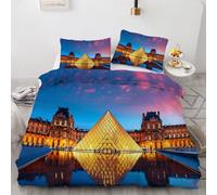 Musée Du Louvre Paris Housse de Couette 240 x 260 Vue Nocturne Architecturale 3D Parure de Lit 2 Personnes Réversible doux microfibre Avec fermeture éclair et métal 2 Taies d'oreiller 50x75 9yf11
