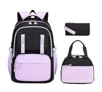 MUSEVOS Sac à dos pour filles, sac à dos d'école idéal pour les filles du primaire à l'adolescence, sac à livres kawaii mignon de grande capacité, Noir et violet - Ensemble de 3 pièces