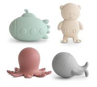 Mushie Jouet de Bain sur Le thème de la Vie Marine 4 Jouets flottants pour bébés, Tout-Petits et Enfants | Fabriqué à partir de Silicone de Alimentaire | Baleine, Plongeur, Poulpe et sous-Marin