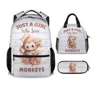 Mushroom068 Monkey Sac à dos d'école pour enfants, sac à dos blanc de 40,6 cm pour filles et garçons, dessin animé, durable, léger, grande capacité pour voyage, Style 2-2, Taille unique, Sacs à dos