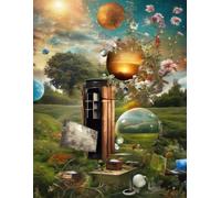 music notebook with notes, featuring themes of nature, space, technology