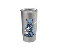 Musicien Chat Bleu Russe Guitariste Chats Avec Guitare Gobelet isotherme en acier inoxydable double paroi