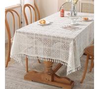 Musihy Nappe Tissu Blanche, 140 x 250 cm Nappes en Coton Polyester Motif Floral tricoté Creux avec Pompon Nappe Elegante pour Table de Cuisine Decoration, Blanc