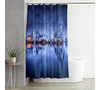 Musihy Rideau de Douche 180x200 avec Anneau, Polyester Bleu Gris Lac Village Snow Montagne Rideau de Douche avec Boucles en métal et Crochets en Plastique